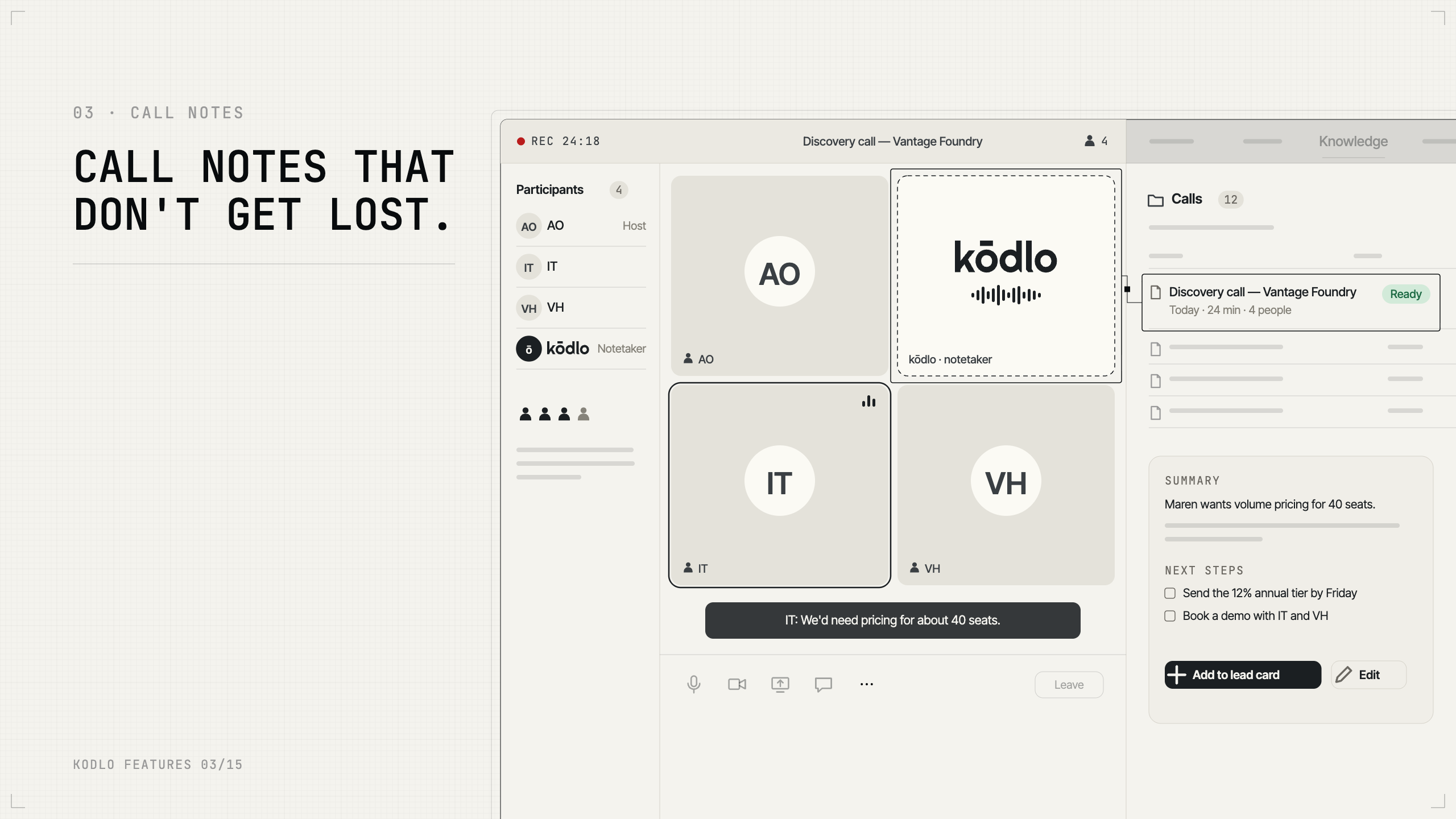 AI note taker for sales calls: kōdlo records a discovery call and saves AI meeting notes with next steps to the Knowledge Hub